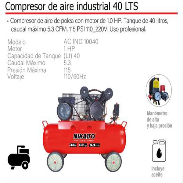 Compresor de Aire Industrial 40 LTS 1.0 HP AC-IND 10040