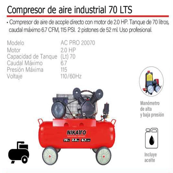 Compresor de Aire industrial 70 LTS de 2.0 HP AC PRO 20070