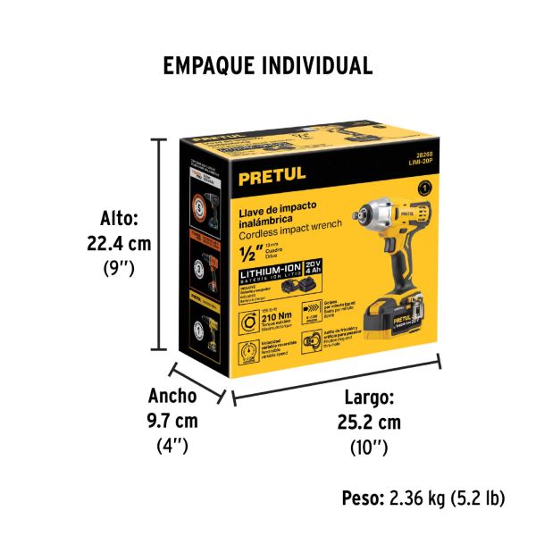 Llave de impacto inalambrica 1 y media pulgada preturl 20v 3
