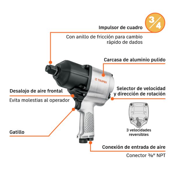 Llave de impacto neumatica tres cuartos de pulgada truper 2